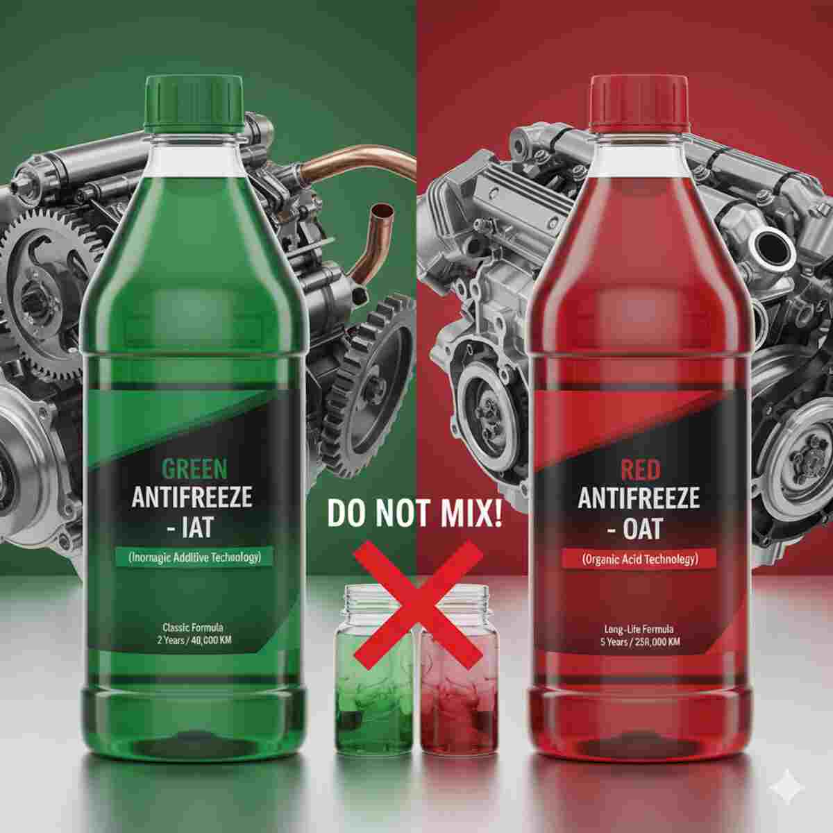 تصویری دو قسمتی که در یک سمت بطری ضد یخ سبز (IAT) با پس‌زمینه‌ای سبز و بخشی از موتور خودروهای قدیمی‌تر، و در سمت دیگر بطری ضد یخ قرمز (OAT) با پس‌زمینه‌ای قرمز و بخشی از موتور خودروهای جدیدتر را نشان می‌دهد. در مرکز، علامت "مخلوط نکنید!" به همراه دو ظرف کوچک که مایعات سبز و قرمز در حال مخلوط شدن و ایجاد لجن هستند، دیده می‌شود.