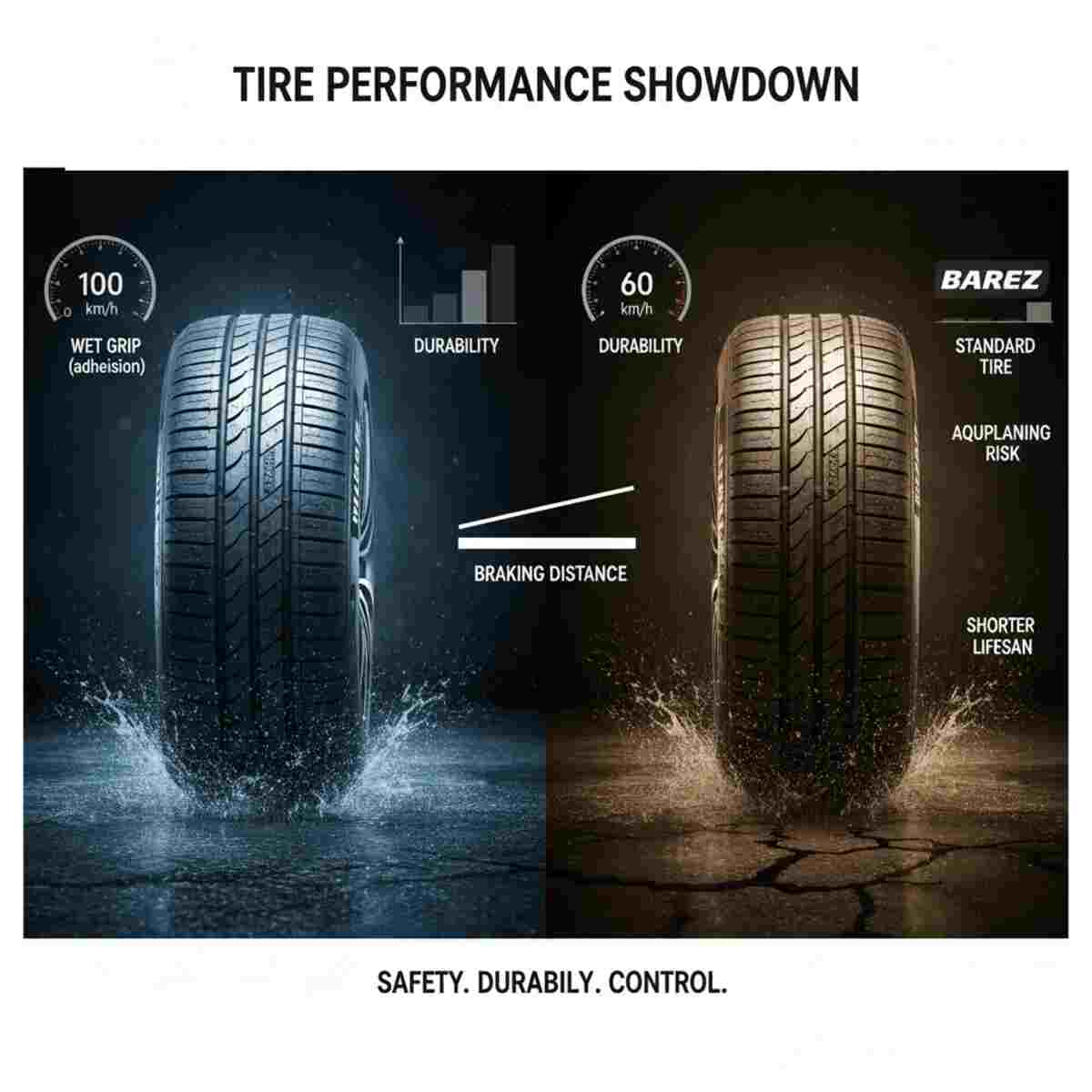 تصویری دو قسمتی که عملکرد دو نوع لاستیک را مقایسه می‌کند. در سمت چپ، یک لاستیک با عملکرد بالا در حال حرکت در آب، با نشانگر سرعت ۱۰۰ کیلومتر بر ساعت برای "چسبندگی در جاده خیس" و میله‌های بلند "دوام" دیده می‌شود. در سمت راست، یک لاستیک معمولی‌تر با سرعت ۶۰ کیلومتر بر ساعت برای "دوام" و سطحی خشک و ترک‌خورده نشان داده شده است. در مرکز، خطوطی برای مقایسه "فاصله ترمزگیری" وجود دارد که نشان می‌دهد لاستیک سمت چپ فاصله کمتری دارد. در بالای تصویر عنوان "TIRE PERFORMANCE SHOWDOWN" و در پایین "SAFETY. DURABILITY. CONTROL." نوشته شده است.