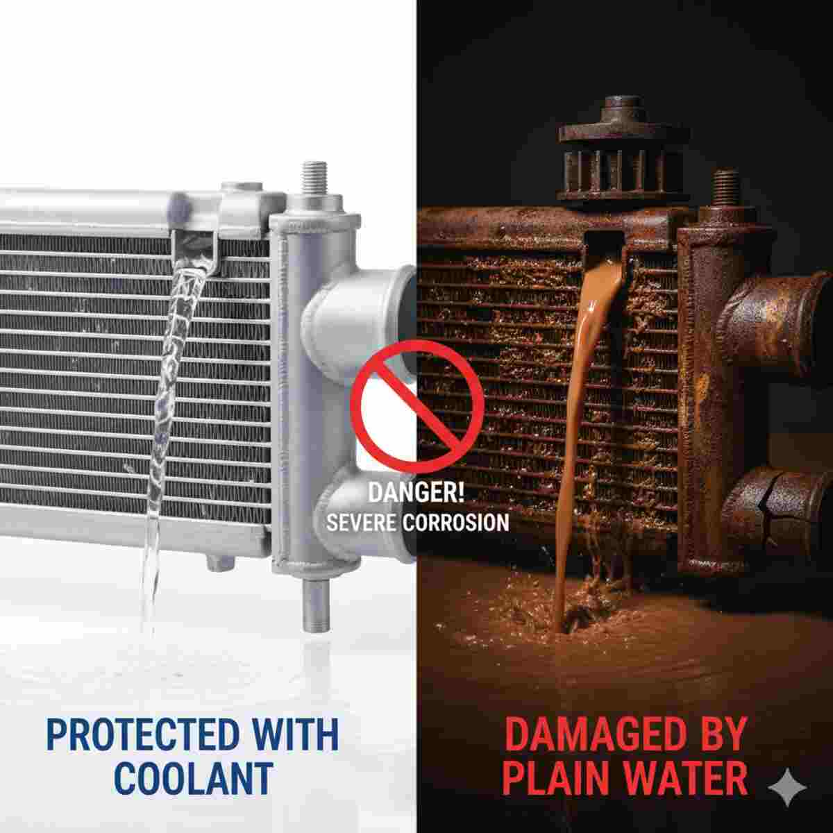 تصویری دو قسمتی که در سمت چپ، یک رادیاتور تمیز و جدید را نشان می‌دهد که آب زلال از آن جاری است و زیر آن متن "Protected with Coolant" نوشته شده. در سمت راست، یک رادیاتور قدیمی، زنگ‌زده و فرسوده نشان داده شده که آب کثیف و قهوه‌ای رنگ از آن خارج می‌شود و زیر آن متن "Damaged by Plain Water" قرار دارد. در مرکز تصویر، نماد هشدار "Danger! Severe Corrosion" با علامت دایره قرمز و خط مورب بر روی یک رادیاتور زنگ‌زده دیده می‌شود.