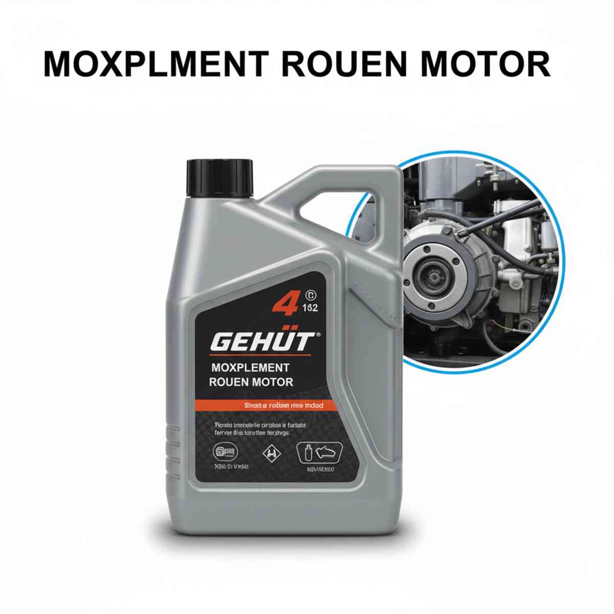 تصویری از یک بطری مکمل روغن موتور با برند "GEHUT" که با رنگ‌های خاکستری و نارنجی طراحی شده است. در پس‌زمینه تصویر و درون یک دایره، بخشی از یک موتور خودرو یا پمپ روغن به رنگ‌های نقره‌ای و آبی دیده می‌شود که به عملکرد محصول اشاره دارد. این تصویر بر افزودنی‌های روغن موتور و نقش آن‌ها در بهبود عملکرد و محافظت از موتور تمرکز دارد.