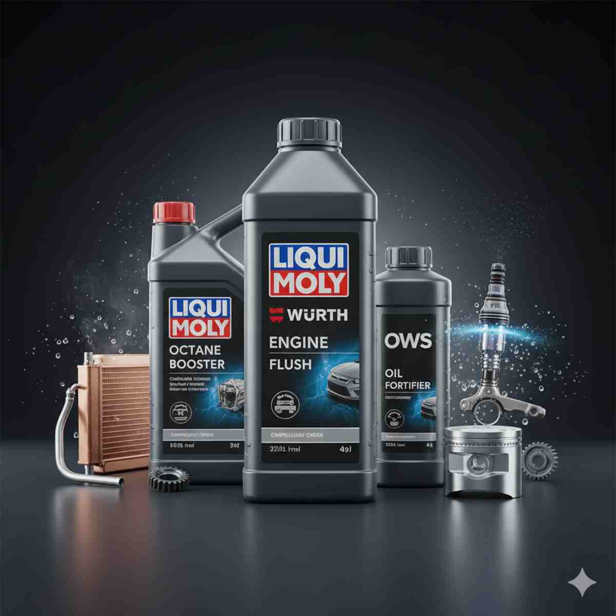تصویری از بطری‌های مکمل خودرو از برندهای معتبر Liqui Moly، Wurth و OWS که شامل اکتان بوستر، موتورشوی (Engine Flush) و مکمل روغن (Oil Fortifier) هستند. این مکمل‌ها در کنار قطعات موتور مانند رادیاتور، پیستون و یک شمع خودرو که درخشش آبی دارد، قرار گرفته‌اند. پس‌زمینه تیره و با افکت‌های بصری نور و پاشش، بر کیفیت و اهمیت این محصولات تاکید دارد.