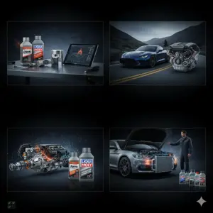 چهار تصویر ترکیبی از مکمل‌های خودرو مانند اکتان بوستر، مکمل روغن و موتورشوی با برندهای Liqui Moly و OWS در کنار موتور و گیربکس شفاف خودرو و یک مکانیک.