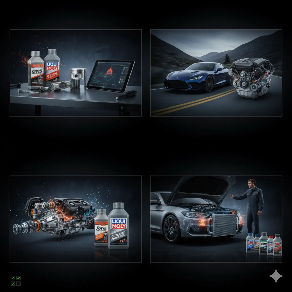 چهار تصویر ترکیبی از مکمل‌های خودرو مانند اکتان بوستر، مکمل روغن و موتورشوی با برندهای Liqui Moly و OWS در کنار موتور و گیربکس شفاف خودرو و یک مکانیک.
